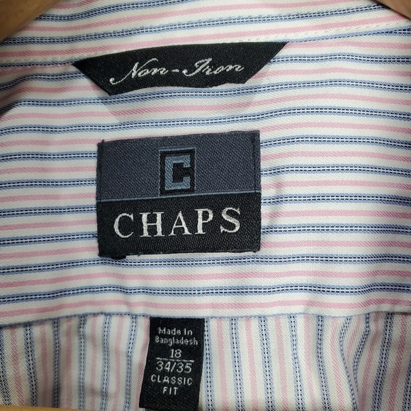 Chaps Non Iron Classic Fit Pink Blue Striped Button Down Dress Shirt Size 18 - Picture 6 of 10